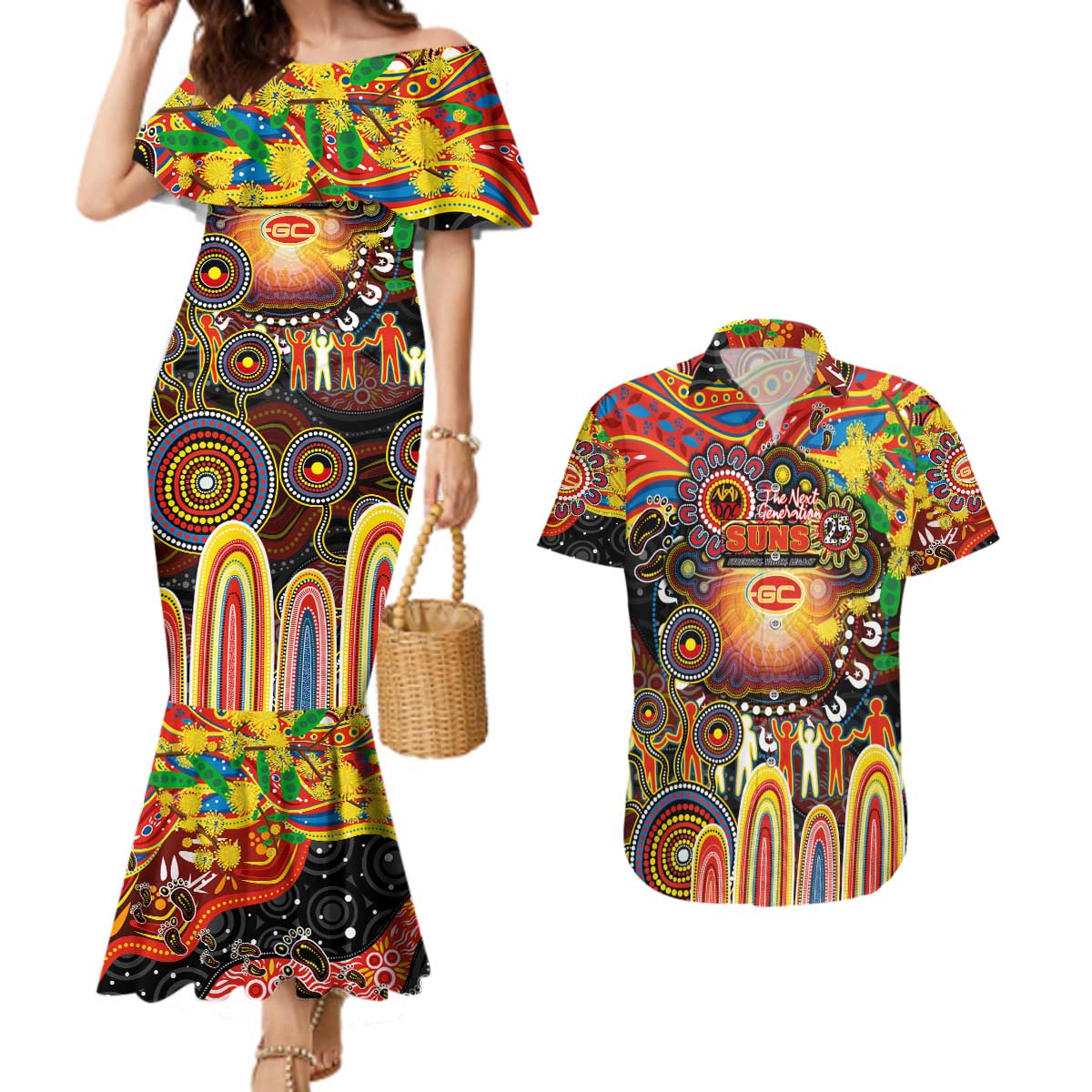 Personalised NAIDOC Week 2025 Suns Football Couples Matching Mermaid Dress and Hawaiian Shirt Aboriginal Dot Painting