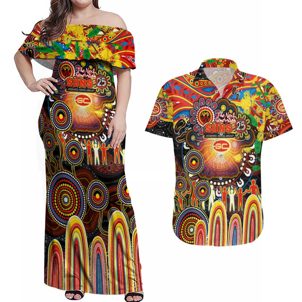 Personalised NAIDOC Week 2025 Suns Football Couples Matching Off Shoulder Maxi Dress and Hawaiian Shirt Aboriginal Dot Painting