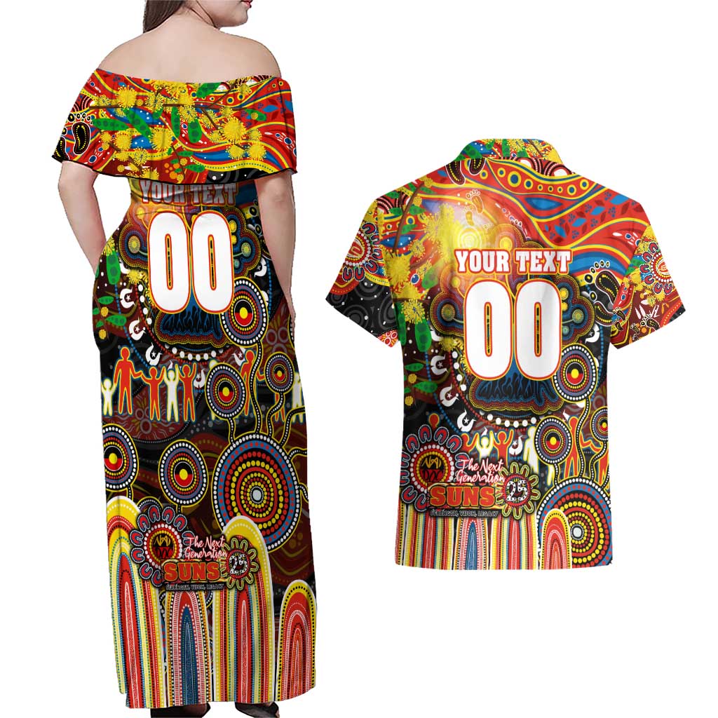 Personalised NAIDOC Week 2025 Suns Football Couples Matching Off Shoulder Maxi Dress and Hawaiian Shirt Aboriginal Dot Painting