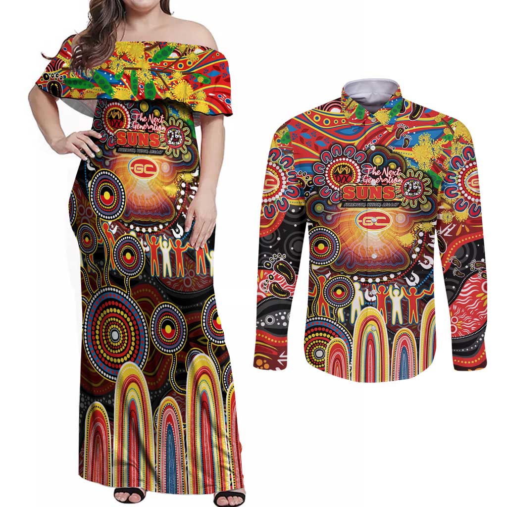 Personalised NAIDOC Week 2025 Suns Football Couples Matching Off Shoulder Maxi Dress and Long Sleeve Button Shirt Aboriginal Dot Painting