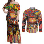 Personalised NAIDOC Week 2025 Suns Football Couples Matching Off Shoulder Maxi Dress and Long Sleeve Button Shirt Aboriginal Dot Painting