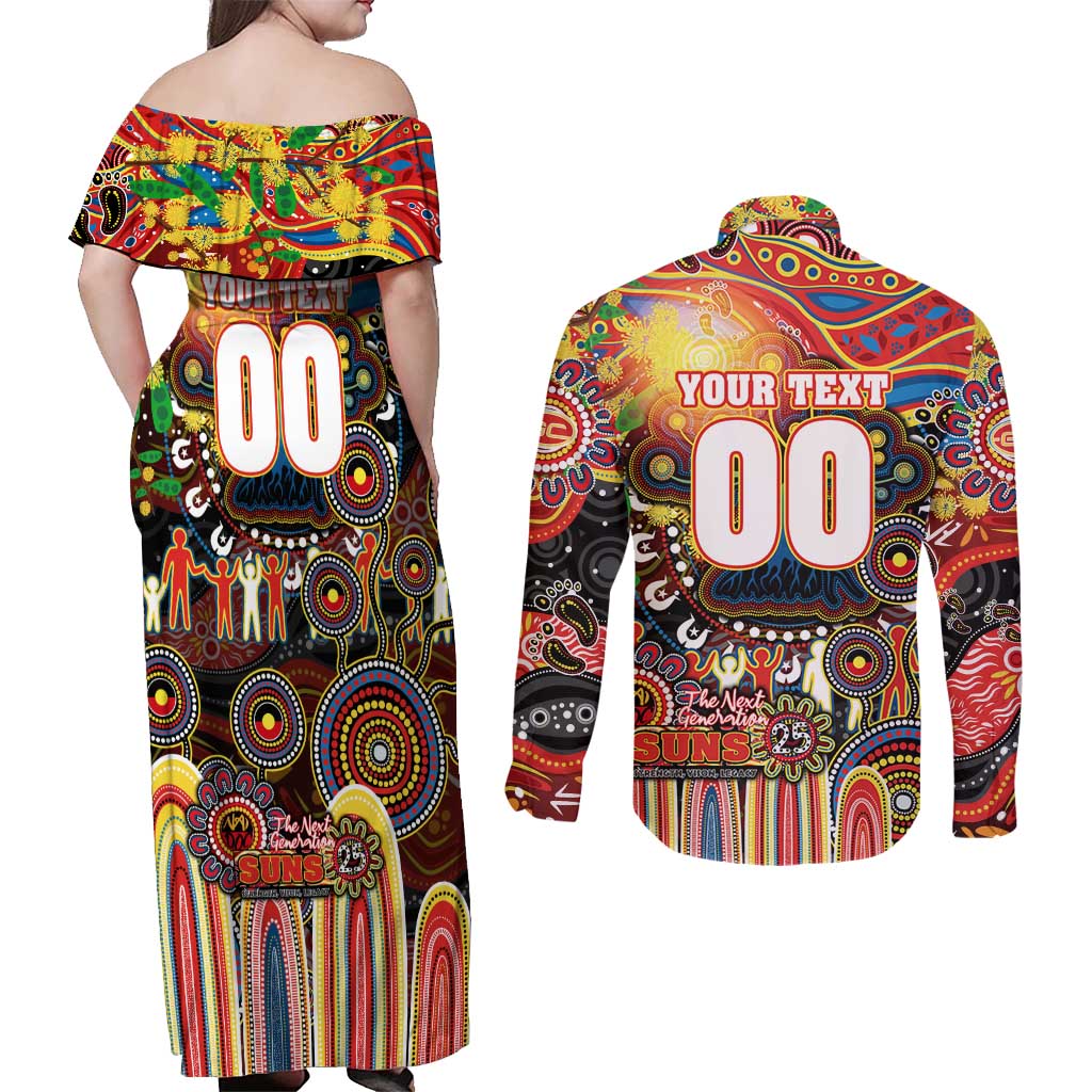 Personalised NAIDOC Week 2025 Suns Football Couples Matching Off Shoulder Maxi Dress and Long Sleeve Button Shirt Aboriginal Dot Painting