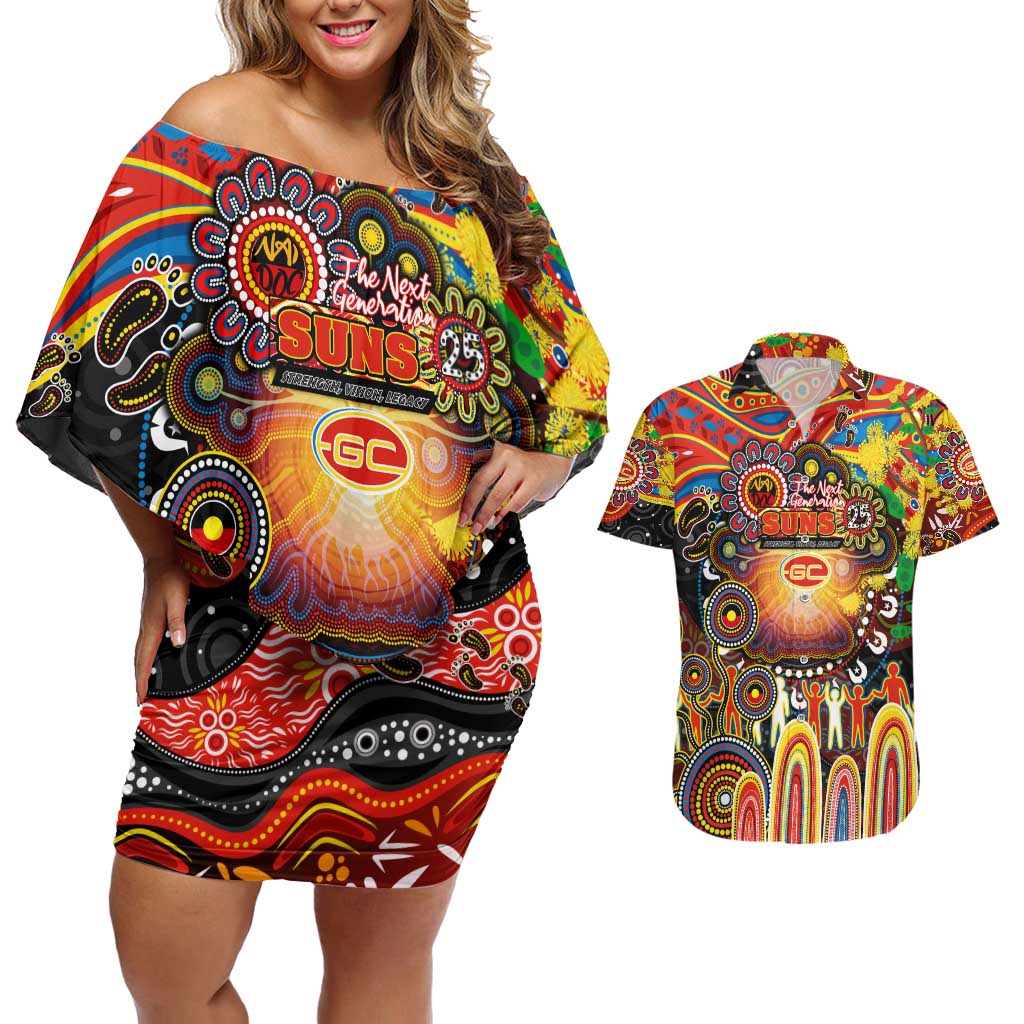 Personalised NAIDOC Week 2025 Suns Football Couples Matching Off Shoulder Short Dress and Hawaiian Shirt Aboriginal Dot Painting