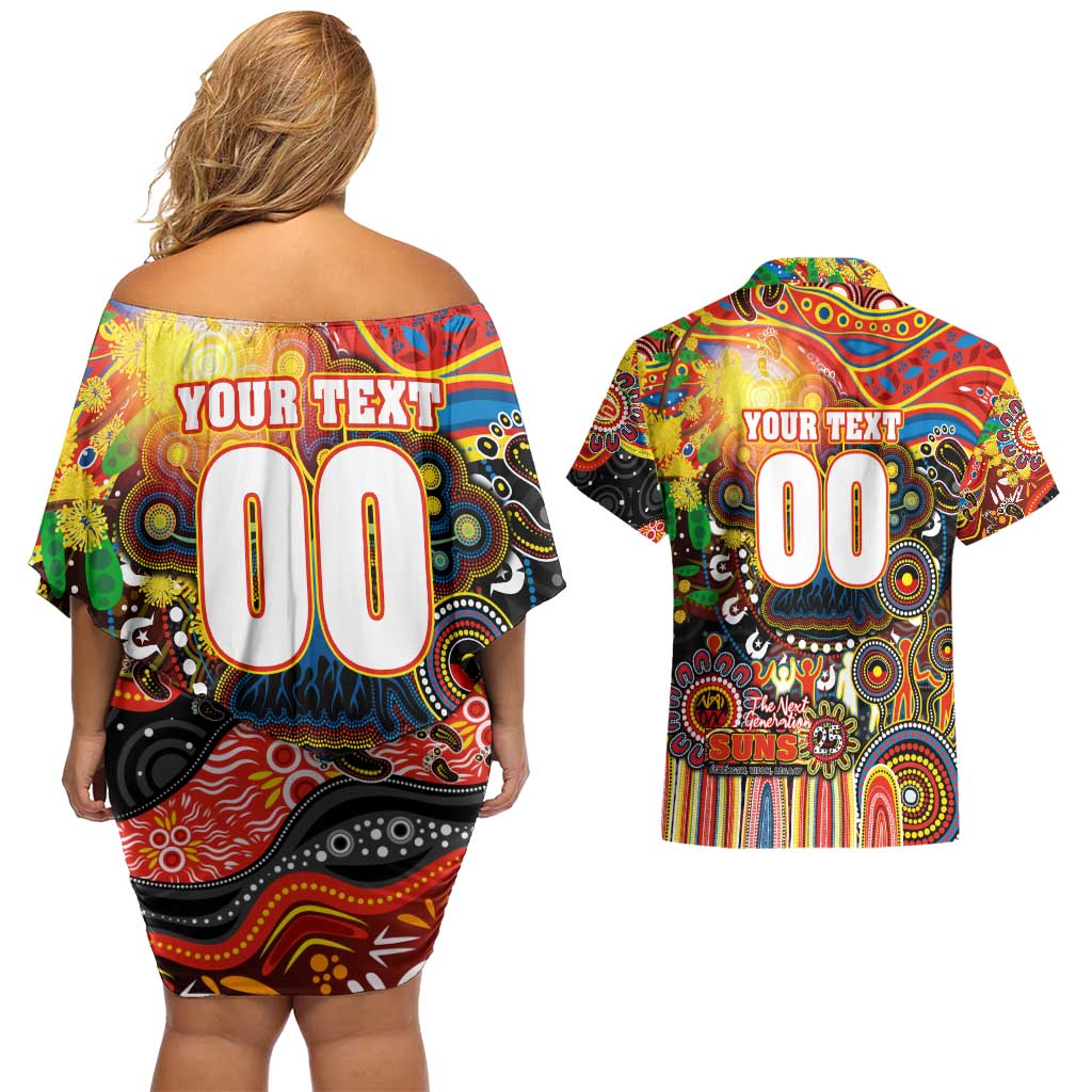 Personalised NAIDOC Week 2025 Suns Football Couples Matching Off Shoulder Short Dress and Hawaiian Shirt Aboriginal Dot Painting