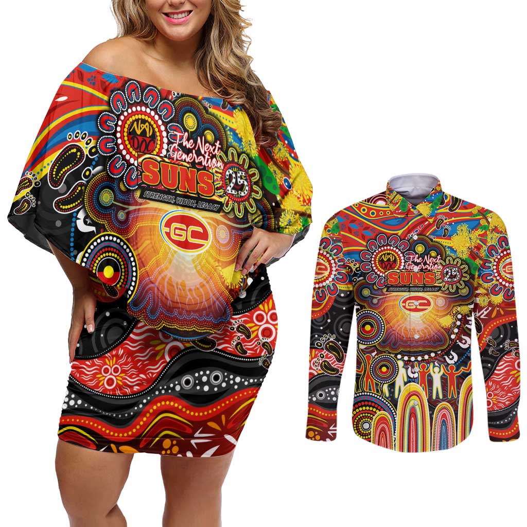 Personalised NAIDOC Week 2025 Suns Football Couples Matching Off Shoulder Short Dress and Long Sleeve Button Shirt Aboriginal Dot Painting