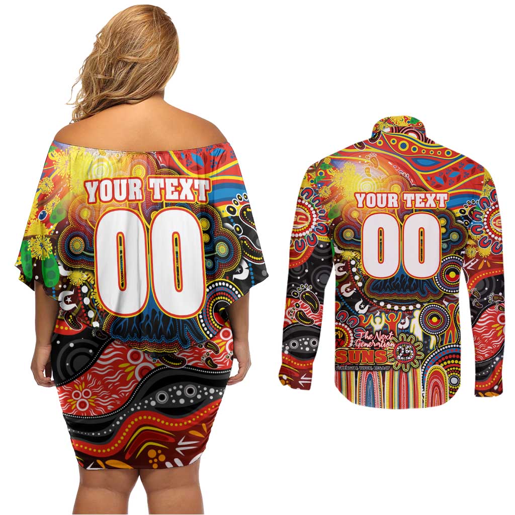 Personalised NAIDOC Week 2025 Suns Football Couples Matching Off Shoulder Short Dress and Long Sleeve Button Shirt Aboriginal Dot Painting