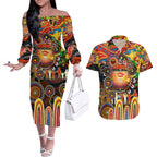 Personalised NAIDOC Week 2025 Suns Football Couples Matching Off The Shoulder Long Sleeve Dress and Hawaiian Shirt Aboriginal Dot Painting