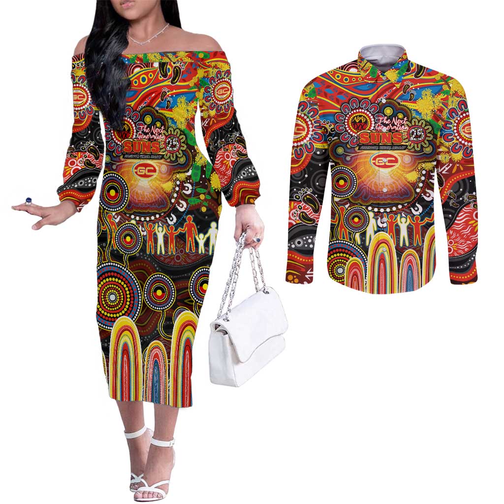 Personalised NAIDOC Week 2025 Suns Football Couples Matching Off The Shoulder Long Sleeve Dress and Long Sleeve Button Shirt Aboriginal Dot Painting