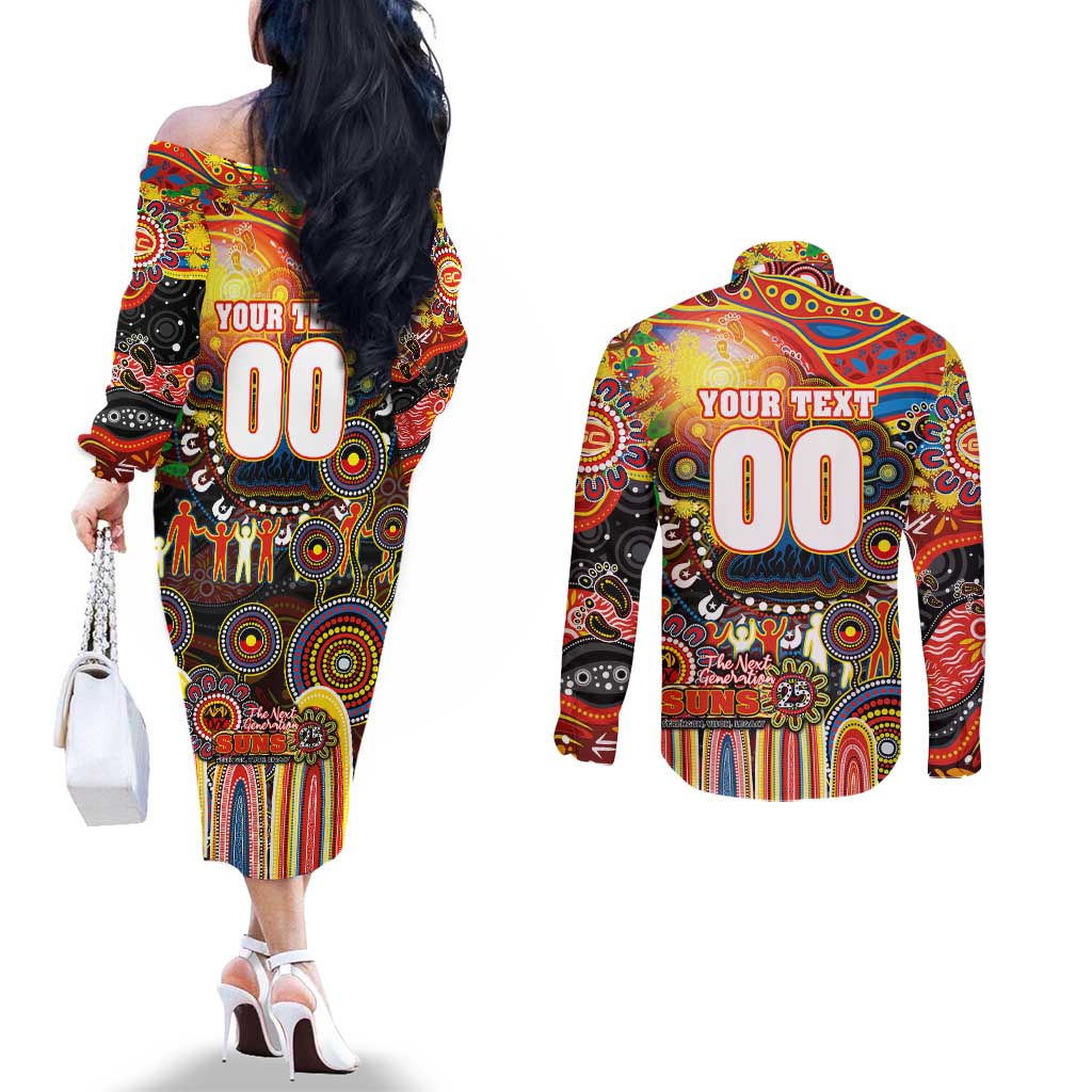 Personalised NAIDOC Week 2025 Suns Football Couples Matching Off The Shoulder Long Sleeve Dress and Long Sleeve Button Shirt Aboriginal Dot Painting