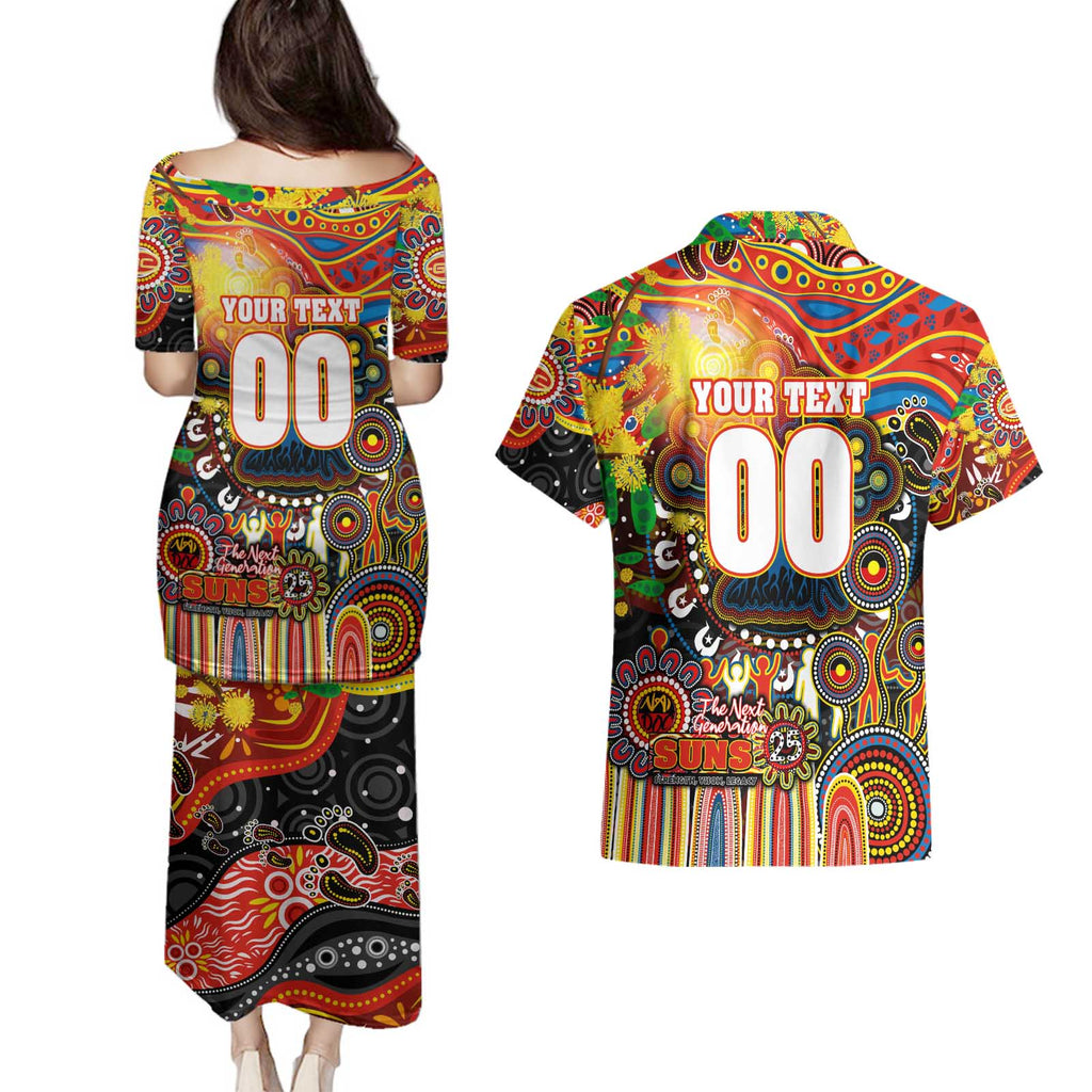 Personalised NAIDOC Week 2025 Suns Football Couples Matching Puletasi and Hawaiian Shirt Aboriginal Dot Painting