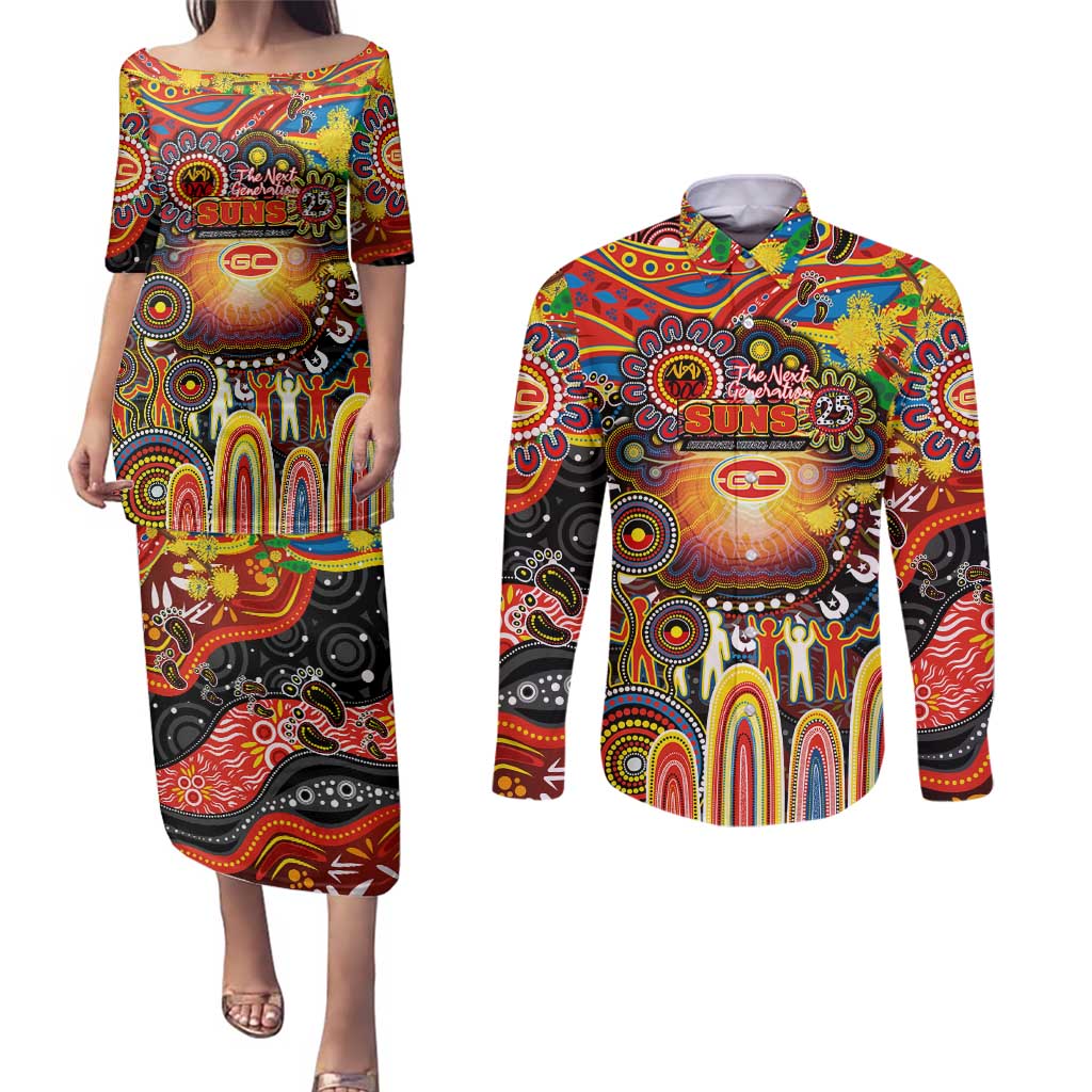 Personalised NAIDOC Week 2025 Suns Football Couples Matching Puletasi and Long Sleeve Button Shirt Aboriginal Dot Painting