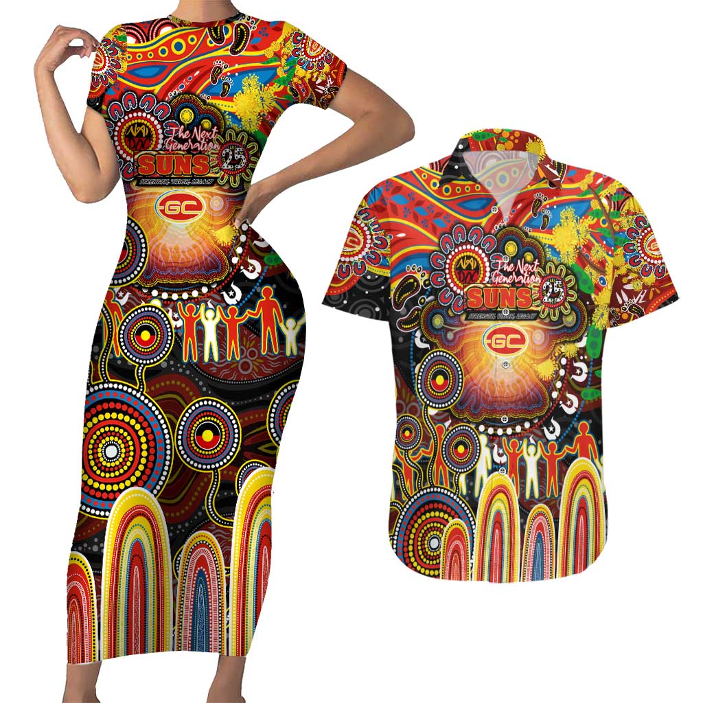 Personalised NAIDOC Week 2025 Suns Football Couples Matching Short Sleeve Bodycon Dress and Hawaiian Shirt Aboriginal Dot Painting
