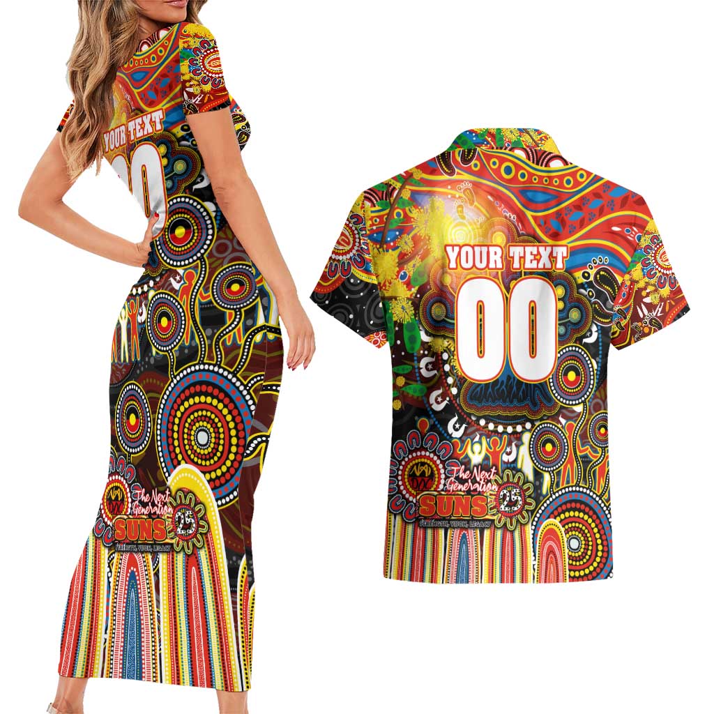 Personalised NAIDOC Week 2025 Suns Football Couples Matching Short Sleeve Bodycon Dress and Hawaiian Shirt Aboriginal Dot Painting