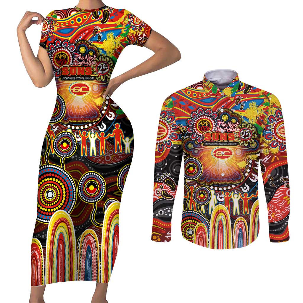 Personalised NAIDOC Week 2025 Suns Football Couples Matching Short Sleeve Bodycon Dress and Long Sleeve Button Shirt Aboriginal Dot Painting