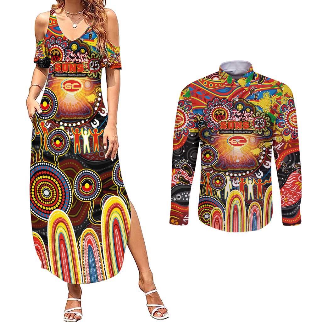 Personalised NAIDOC Week 2025 Suns Football Couples Matching Summer Maxi Dress and Long Sleeve Button Shirt Aboriginal Dot Painting