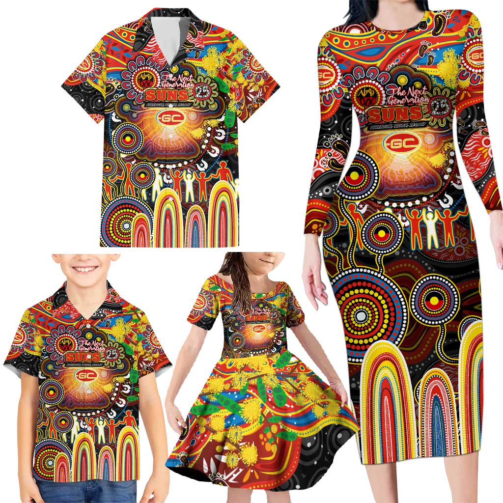 Personalised NAIDOC Week 2025 Suns Football Family Matching Long Sleeve Bodycon Dress and Hawaiian Shirt Aboriginal Dot Painting