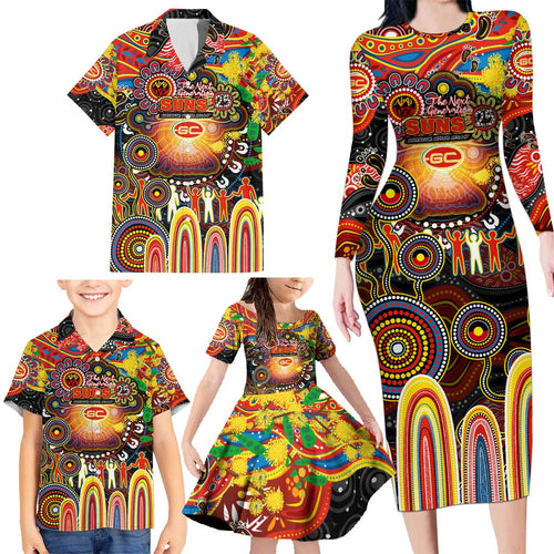 Personalised NAIDOC Week 2025 Suns Football Family Matching Long Sleeve Bodycon Dress and Hawaiian Shirt Aboriginal Dot Painting