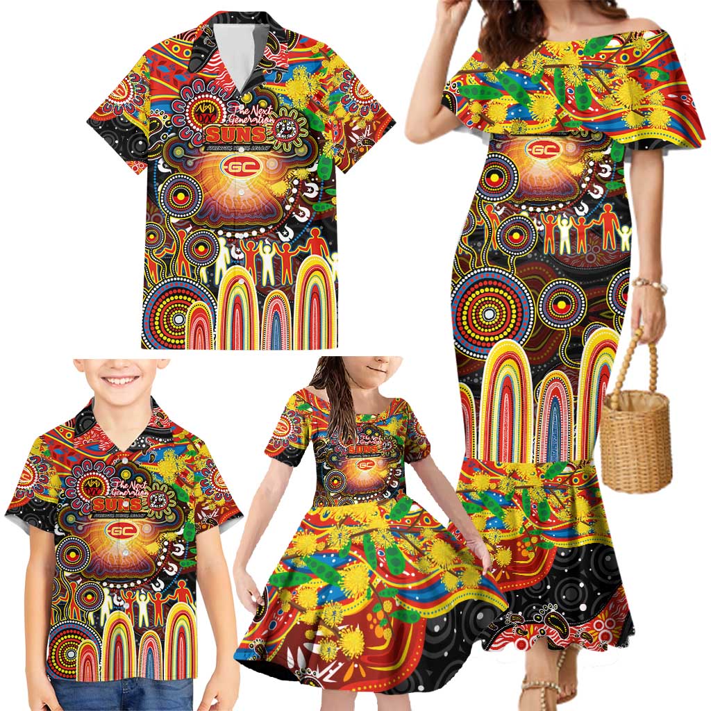 Personalised NAIDOC Week 2025 Suns Football Family Matching Mermaid Dress and Hawaiian Shirt Aboriginal Dot Painting