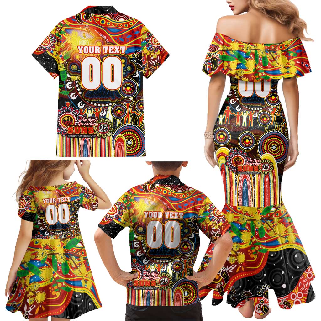 Personalised NAIDOC Week 2025 Suns Football Family Matching Mermaid Dress and Hawaiian Shirt Aboriginal Dot Painting