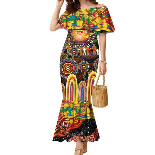 Personalised NAIDOC Week 2025 Suns Football Family Matching Mermaid Dress and Hawaiian Shirt Aboriginal Dot Painting