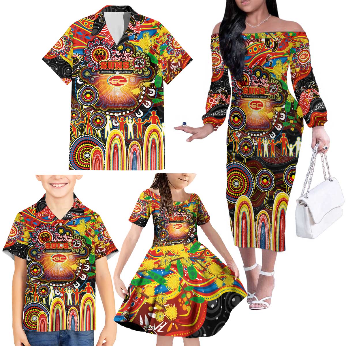 Personalised NAIDOC Week 2025 Suns Football Family Matching Off The Shoulder Long Sleeve Dress and Hawaiian Shirt Aboriginal Dot Painting