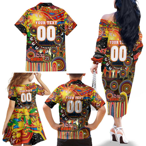 Personalised NAIDOC Week 2025 Suns Football Family Matching Off The Shoulder Long Sleeve Dress and Hawaiian Shirt Aboriginal Dot Painting