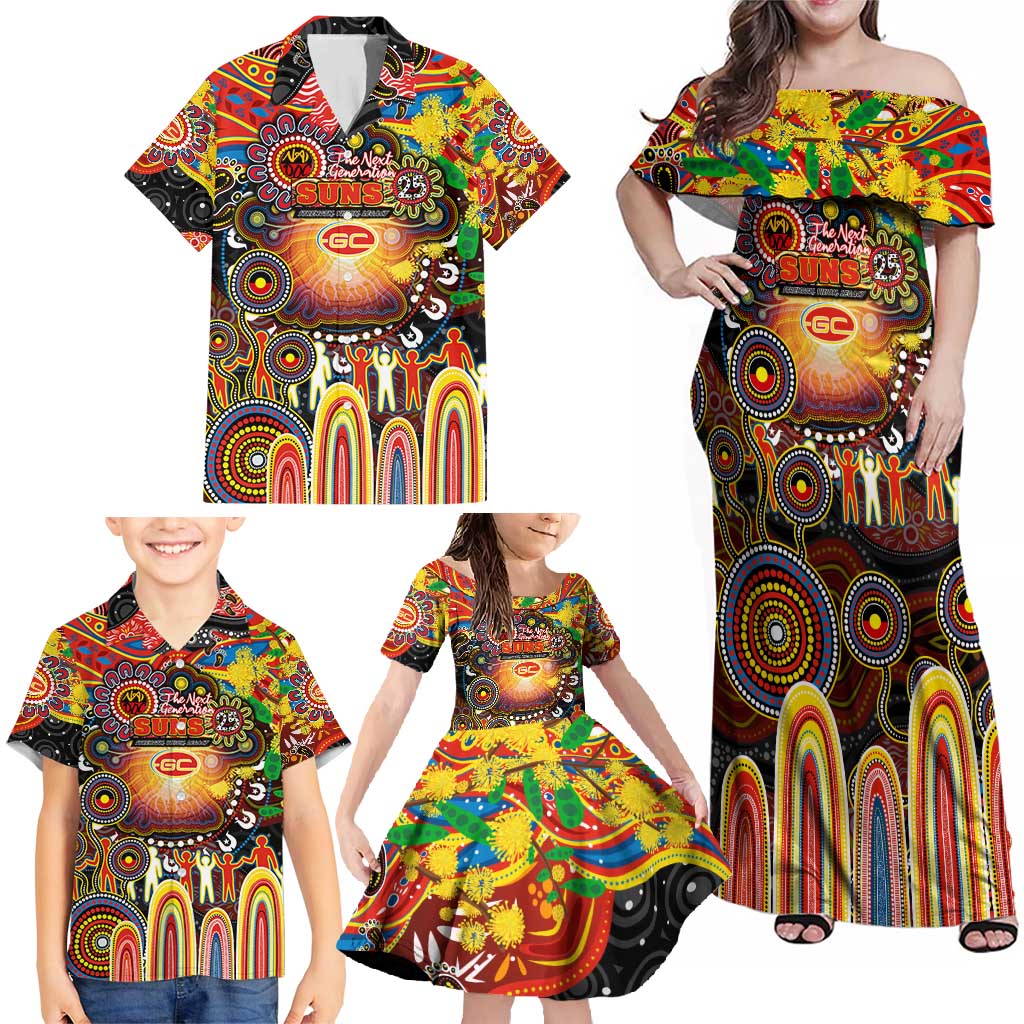Personalised NAIDOC Week 2025 Suns Football Family Matching Off Shoulder Maxi Dress and Hawaiian Shirt Aboriginal Dot Painting