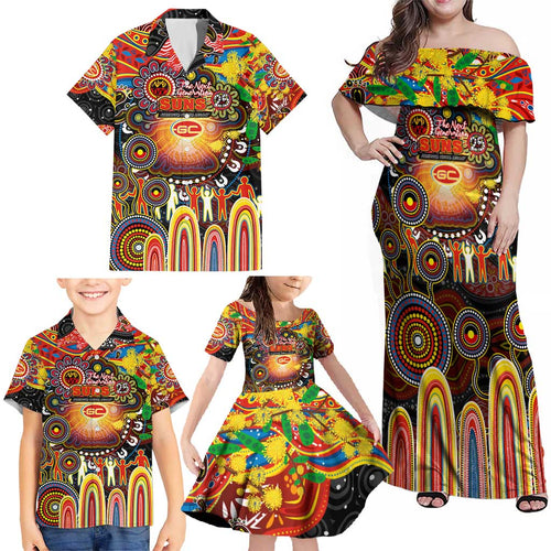 Personalised NAIDOC Week 2025 Suns Football Family Matching Off Shoulder Maxi Dress and Hawaiian Shirt Aboriginal Dot Painting