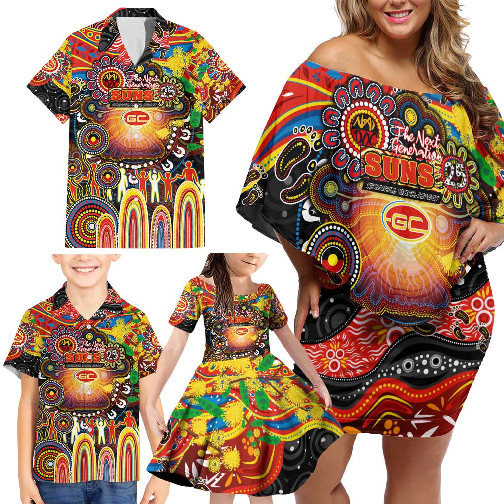 Personalised NAIDOC Week 2025 Suns Football Family Matching Off Shoulder Short Dress and Hawaiian Shirt Aboriginal Dot Painting
