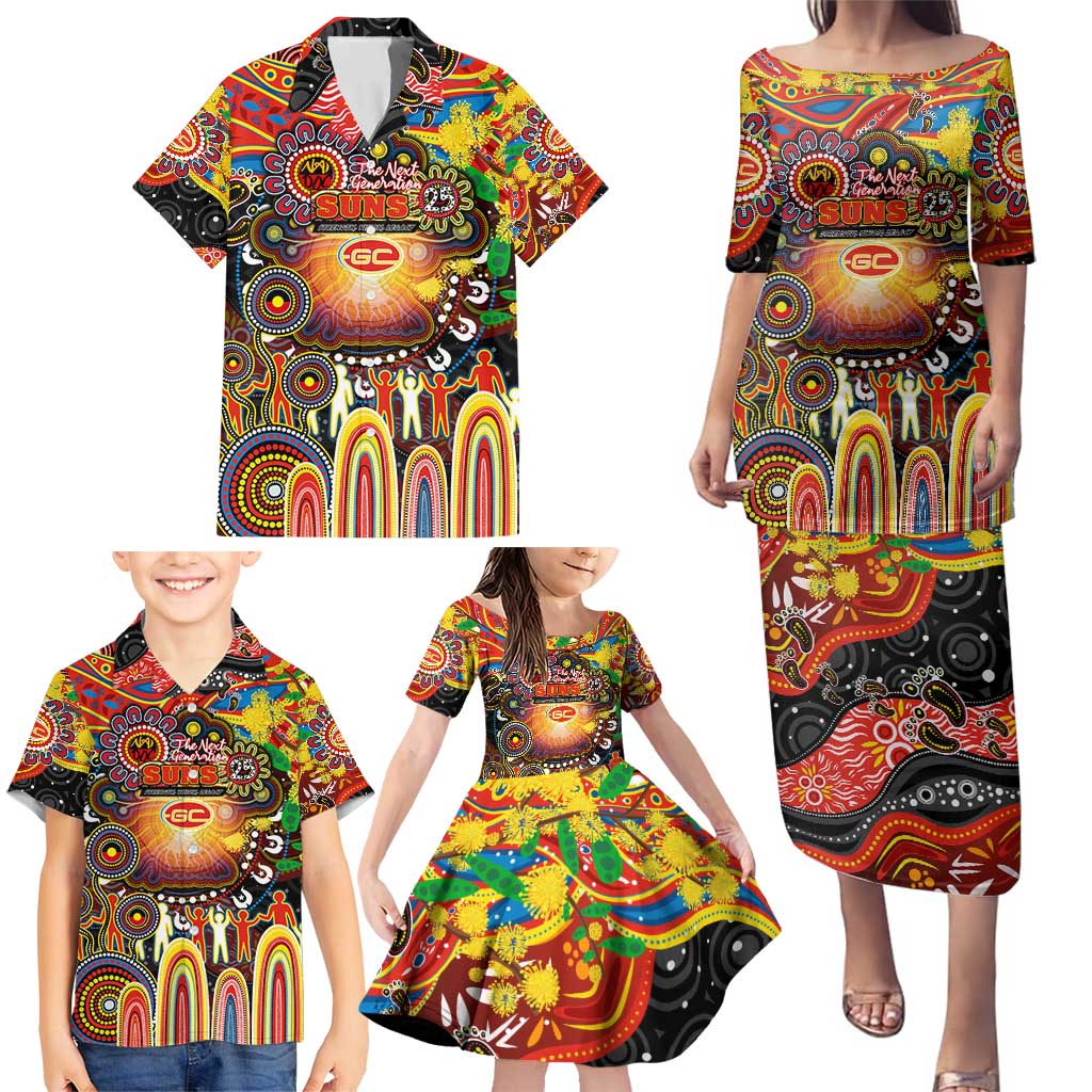 Personalised NAIDOC Week 2025 Suns Football Family Matching Puletasi and Hawaiian Shirt Aboriginal Dot Painting