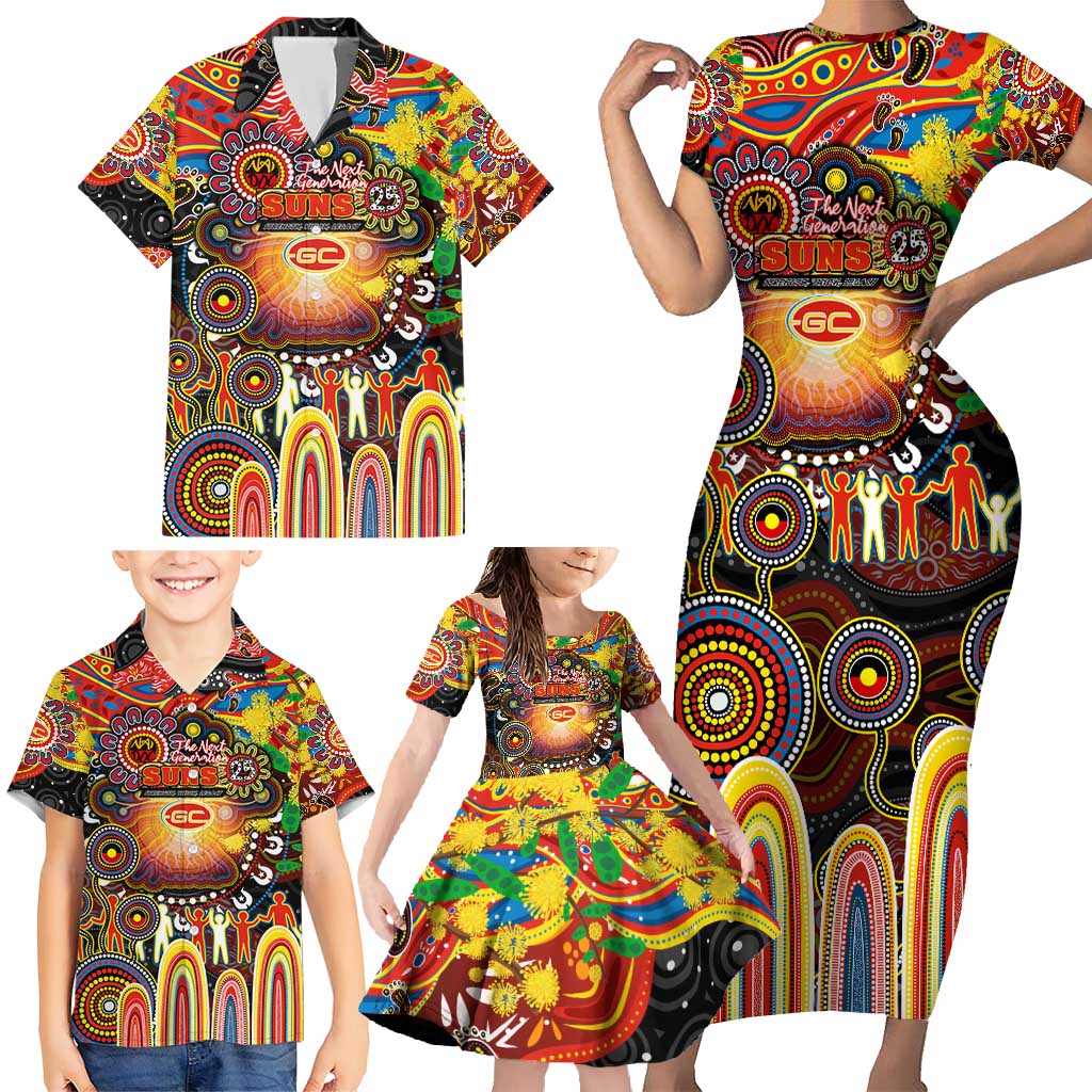 Personalised NAIDOC Week 2025 Suns Football Family Matching Short Sleeve Bodycon Dress and Hawaiian Shirt Aboriginal Dot Painting