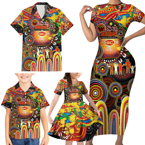 Personalised NAIDOC Week 2025 Suns Football Family Matching Short Sleeve Bodycon Dress and Hawaiian Shirt Aboriginal Dot Painting