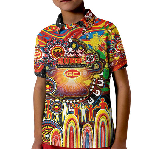Personalised NAIDOC Week 2025 Suns Football Kid Polo Shirt Aboriginal Dot Painting