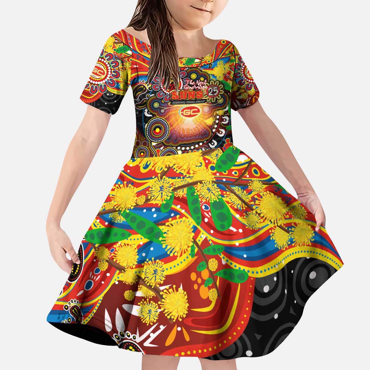 Personalised NAIDOC Week 2025 Suns Football Kid Short Sleeve Dress Aboriginal Dot Painting