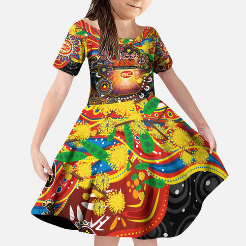 Personalised NAIDOC Week 2025 Suns Football Kid Short Sleeve Dress Aboriginal Dot Painting