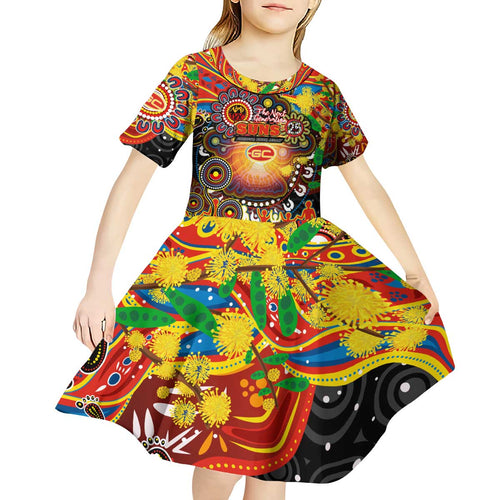 Personalised NAIDOC Week 2025 Suns Football Kid Short Sleeve Dress Aboriginal Dot Painting