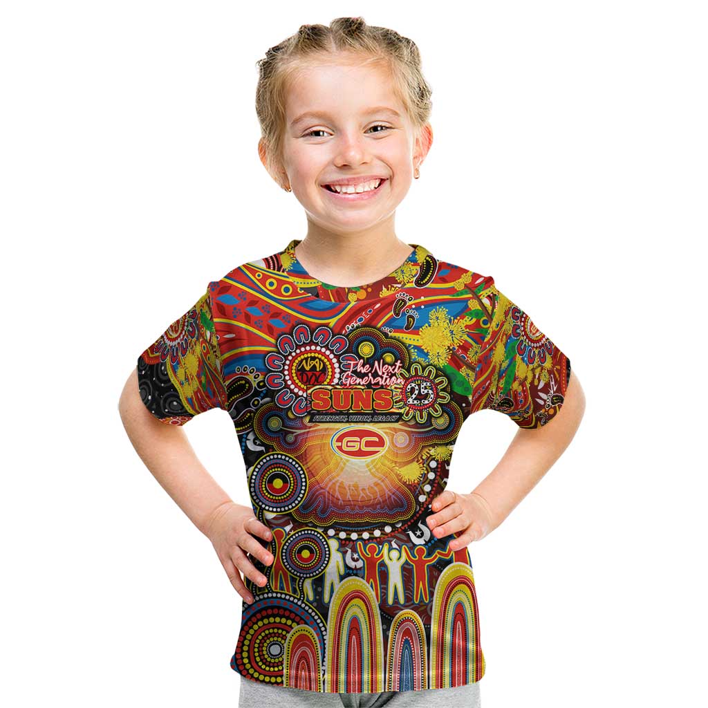 Personalised NAIDOC Week 2025 Suns Football Kid T Shirt Aboriginal Dot Painting