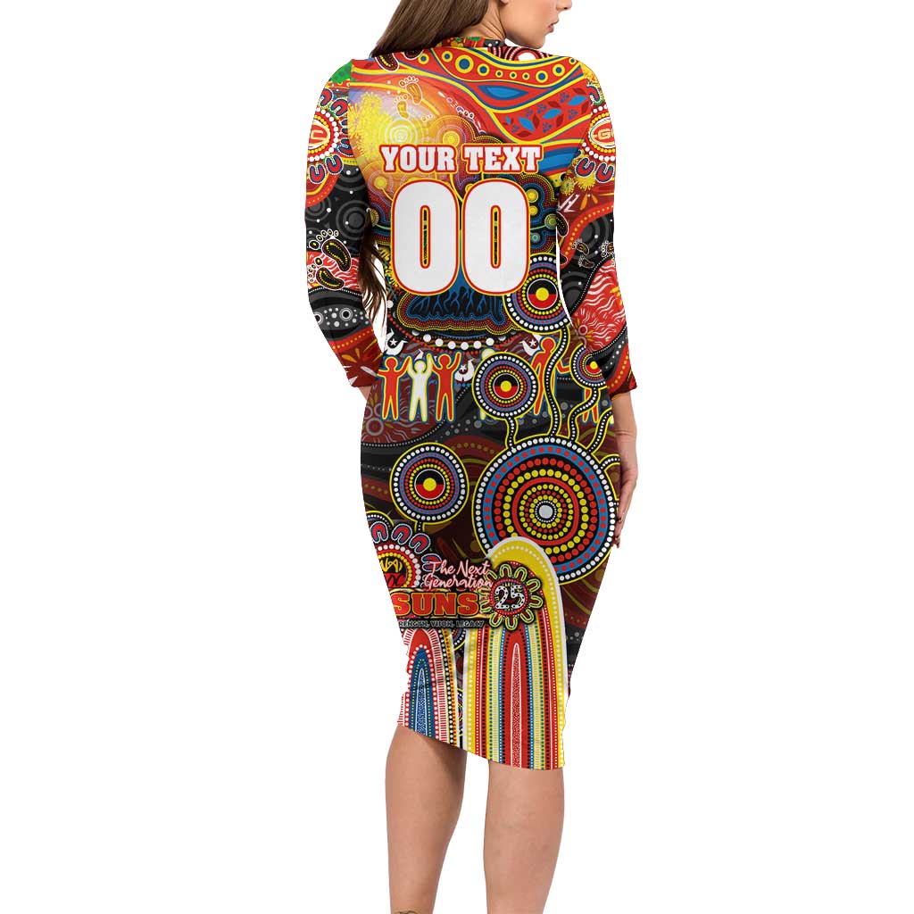 Personalised NAIDOC Week 2025 Suns Football Long Sleeve Bodycon Dress Aboriginal Dot Painting