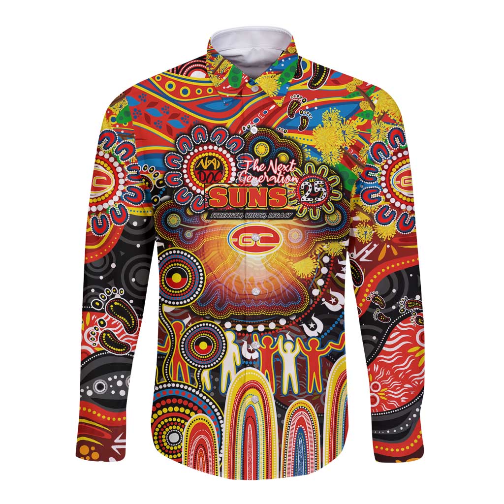 Personalised NAIDOC Week 2025 Suns Football Long Sleeve Button Shirt Aboriginal Dot Painting