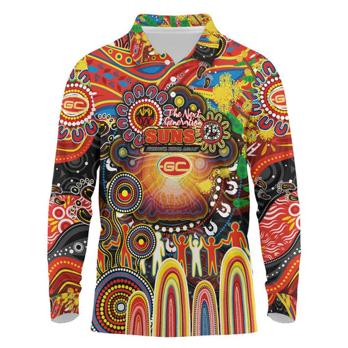 Personalised NAIDOC Week 2025 Suns Football Long Sleeve Polo Shirt Aboriginal Dot Painting