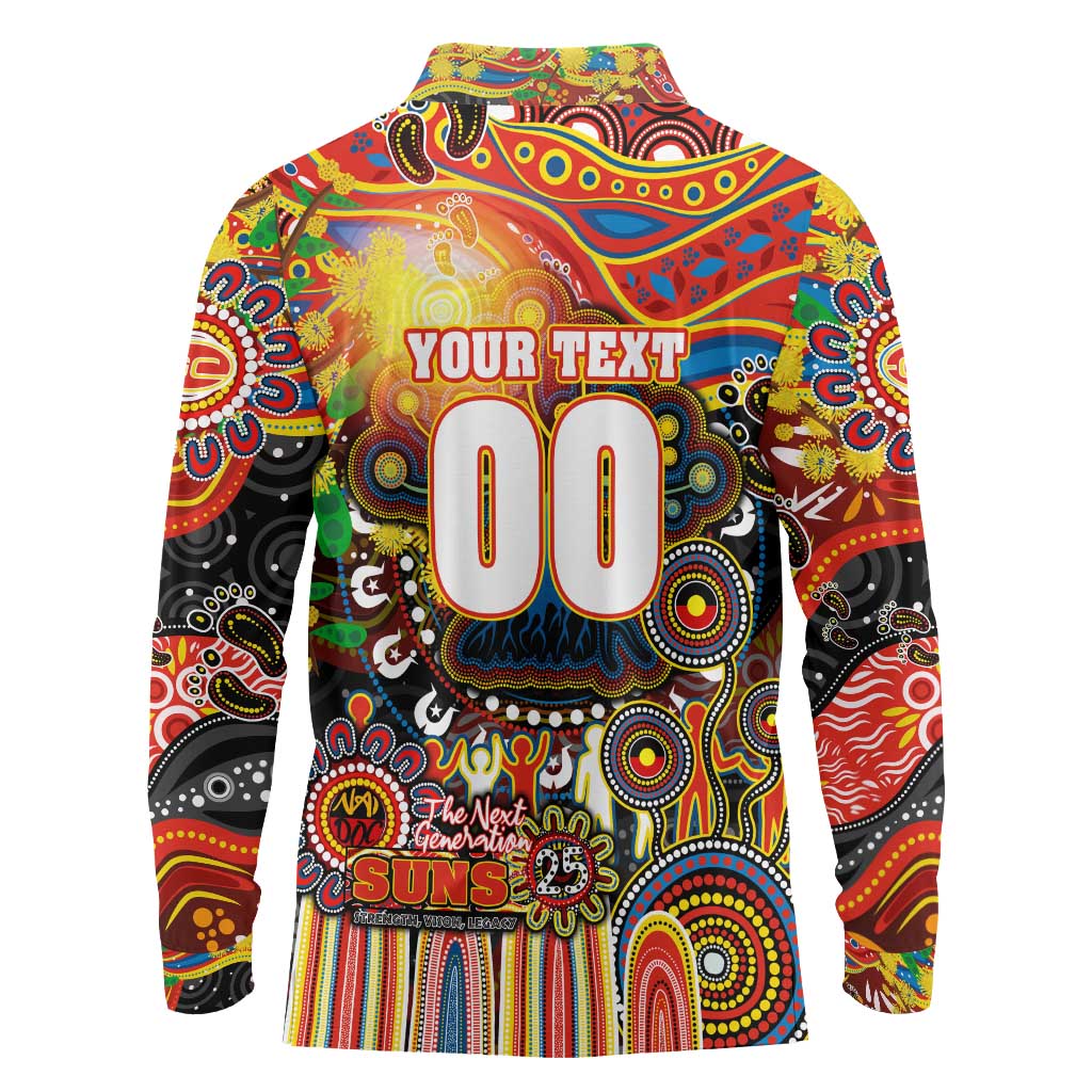 Personalised NAIDOC Week 2025 Suns Football Long Sleeve Polo Shirt Aboriginal Dot Painting