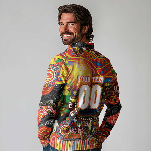 Personalised NAIDOC Week 2025 Suns Football Long Sleeve Polo Shirt Aboriginal Dot Painting