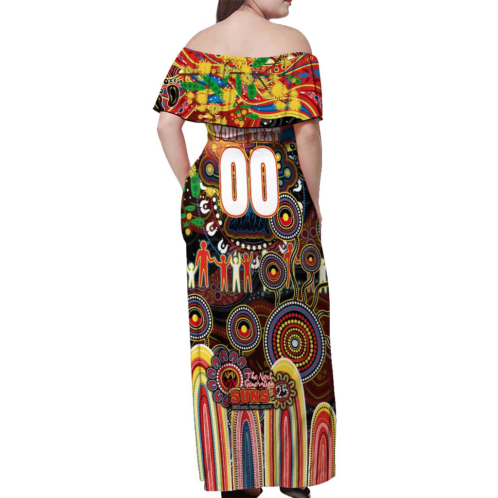 Personalised NAIDOC Week 2025 Suns Football Off Shoulder Maxi Dress Aboriginal Dot Painting