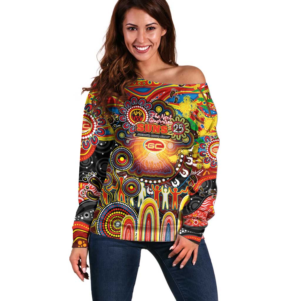Personalised NAIDOC Week 2025 Suns Football Off Shoulder Sweater Aboriginal Dot Painting