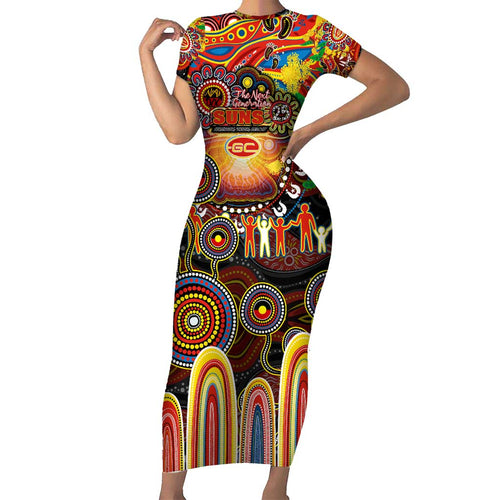 Personalised NAIDOC Week 2025 Suns Football Short Sleeve Bodycon Dress Aboriginal Dot Painting