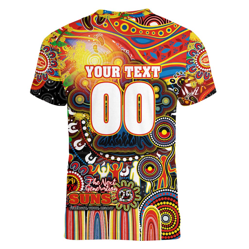 Personalised NAIDOC Week 2025 Suns Football Women V-Neck T-Shirt Aboriginal Dot Painting