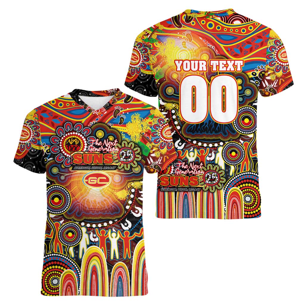 Personalised NAIDOC Week 2025 Suns Football Women V-Neck T-Shirt Aboriginal Dot Painting