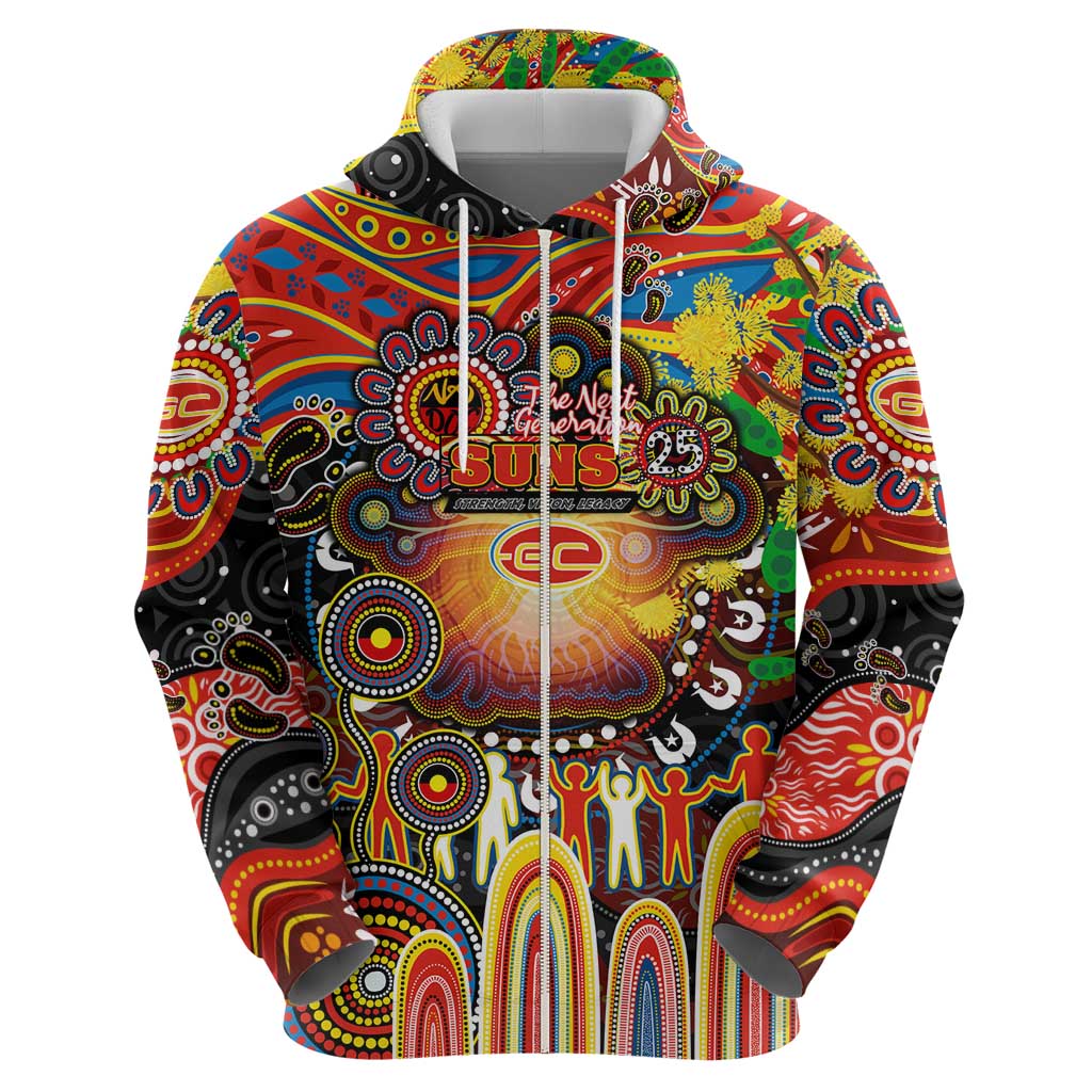 Personalised NAIDOC Week 2025 Suns Football Zip Hoodie Aboriginal Dot Painting