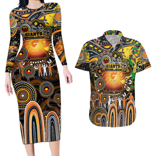 Personalised NAIDOC Week 2025 Giants Football Couples Matching Long Sleeve Bodycon Dress and Hawaiian Shirt Aboriginal Dot Painting