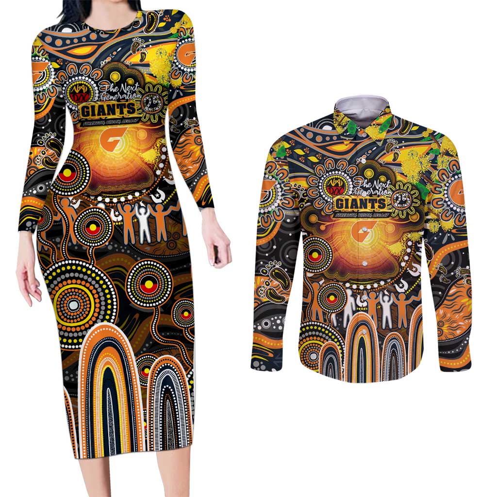 Personalised NAIDOC Week 2025 Giants Football Couples Matching Long Sleeve Bodycon Dress and Long Sleeve Button Shirt Aboriginal Dot Painting
